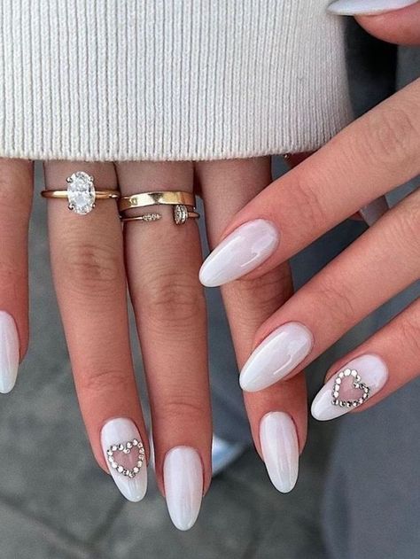 Nail Art For Girls, Vday Nails, Milky Nails, White Glitter Nails, Already Gone, Pretty Nail Art Designs, Gem Nails, Heart Nails, Milky White