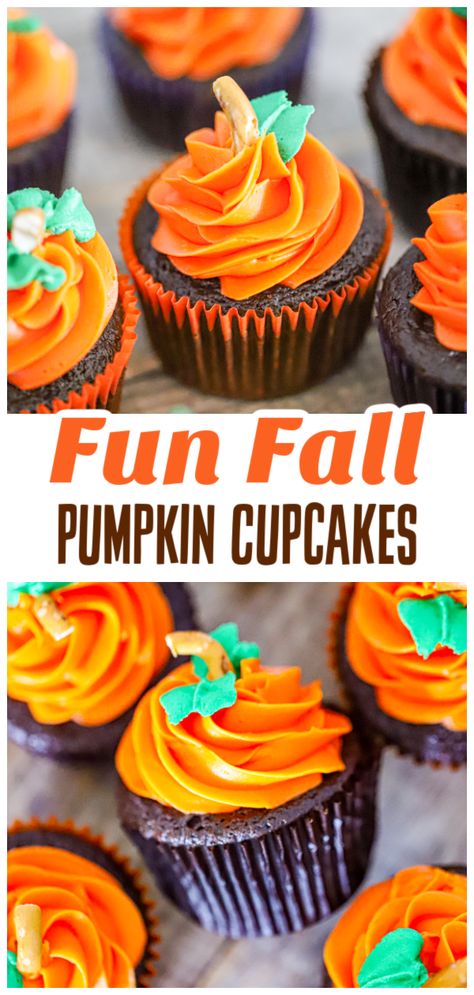 These pumpkin cupcakes are the perfect fall party treat! Made from scratch or with pumpkin cupcakes box cake, they’re topped with cute pumpkin decorations. Whether you're making pumpkin cupcakes for kids or hosting a fall gathering, these cupcakes are sure to impress. Add your favorite icing or try a pumpkin cupcakes frosting recipe for extra flavor. Perfect for Halloween or Thanksgiving! Cupcakes Pumpkin Decoration, Pumpkin Chocolate Chip Cupcakes With Cake Mix Easy, Orange Frosting Cupcakes, Thanksgiving Cupcakes For Kids, Pumpkin Choc Chip Cupcakes, Pumkin Decoration Cupcakes, Cupcakes Shaped Like A Pumpkin, Cupcakes For Fall, Cupcakes For Kids