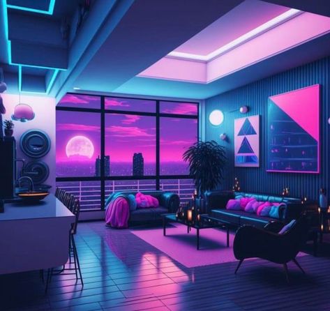 Synthwave Interior Design, Neon Room Design, Synthwave Aesthetic Room, Vapor Wave Room, Vaporwave Interior Design, Retrowave Room, Synthwave Decor, Neon Aesthetic Room, Vaporwave Room Aesthetic