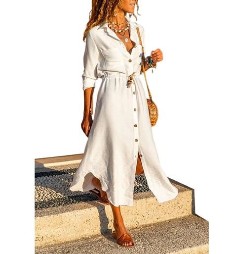 PRICES MAY VARY. Relaxed Fit: XS=US (0-2), S=US (4-6), M=US (8-10), L=US (12-14), XL=US (16-18)，XXL(20-22) Breathable Material: This long shirt dress is made from high-quality spandex, has exceptional elasticity and breathabl. It is lightweight, soft, and comfortable, making it perfect for the summer heat. Trendy Details: Features a button front closure, v-neck, middle sleeves, Irregular hem, adjustable tie for custom fit, and perfect calf-length. Casual Style: This dress exudes a boho vibe, mak Chic Grandma Style, Outfits For Short Pear Shaped Women, Summer Outfits 2024 Modest, Over 60 Fashion Summer, Resort Wear For Women Classy, Italian Fashion Women, Chic Grandma, Italian Women Style, Button Dresses