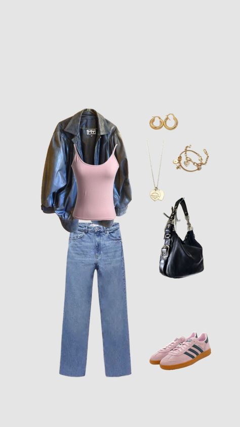 adidas spezial, vintage bag, zara jeans, pink tanktop, leather jacket Pink Leather Jacket Outfit, Outfit With Adidas, Bag Zara, Pink Leather Jacket, Leather Jacket Outfit, Autumn Winter Outfits, Outfit Pink, Outfit Styling, Adidas Spezial