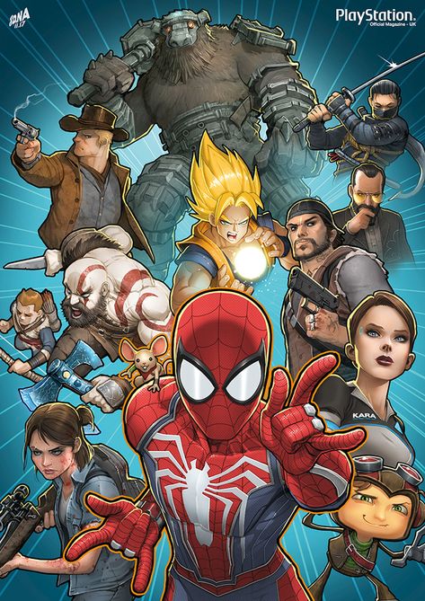 ArtStation - Official Playstation Magazine--UK Cover Art, David Nakayama David Nakayama, Spiderman Ps4, Shadow Of The Colossus, Arte Dc Comics, Play Station, Ghost Of Tsushima, Playstation Games, Cartoon Crossovers, Gaming Wallpapers