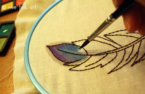 Feather Embroidery Pattern, Crewel Embroidery Tutorial, Wee Folk Art, Antler Crafts, Feather Embroidery, Crewel Embroidery Kits, Watercolor Feather, Watercolor Fabric, Leaf Designs