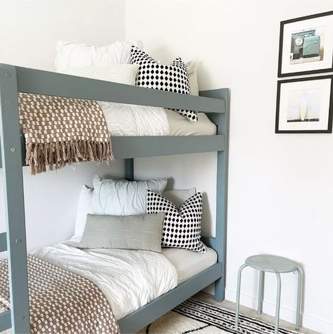 MOD White Twin Over Twin Bunk Bed curated on LTK Boys Shared Bedroom Ideas Bunkbeds, Boys Bedroom Ideas With Bunk Beds, Boys Room With Bunk Beds, Small Kids Bedroom Ideas, Painted Bunk Beds, Boys Room Bunk Beds, Bunk Bed Decor, Twin Beds For Boys, Grey Bunk Beds