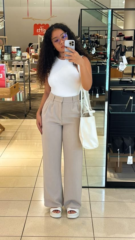 Business Event Outfits For Women, Work Fits Aesthetic Casual, How To Dress Slacks Women, Comfortable Chic Outfits Classy, Real Estate Agent Outfits Casual, Business Casual Outfits With Sandals, Casual Outfits Black Women Spring, Woman Slacks Outfit, Brown Girl Outfit Ideas