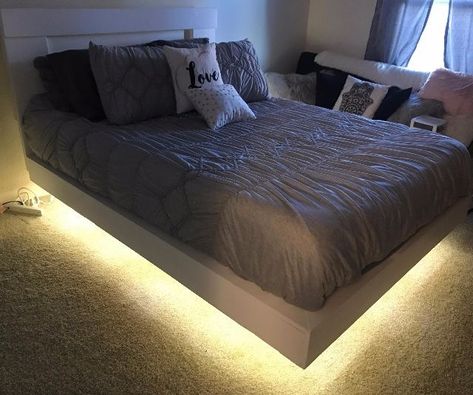 Bedroom project! Lighting Under Bed, Floating Cloud Bed, Led Around Bed, Bed With Led Lights Under, Led Lights Under Bed, Bed Lighting Ideas, Led Under Bed, Beds With Lights, Led Lights Bed