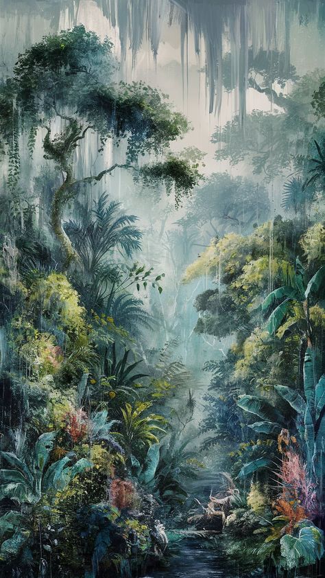 Immerse yourself in a vibrant rainforest wallpaper that captures the essence of tropical wilderness. Bursting with vivid greens, deep blues, and colorful flora, this artwork embodies Impressionism and Surrealism. Experience the play of light, towering trees, and exotic wildlife in an enchanting ecosystem. Perfect for nature lovers, this textured piece invites energy and movement into your space. #RainforestWallpaper #TropicalArt #NatureDecor Tropical Rainforest Wallpaper, Rainforest Aesthetic, Rainforest Painting, Rainforest Wallpaper, Rainforest Leaves, Black Ground, Canvas Abstract, Forest Wallpaper, Tropical Rainforest