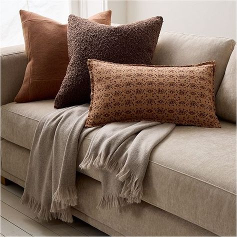 Natural Pillows | West Elm Boucle Pillow, West Elm Pillows, Throw Pillows Living Room, Fall Throw Pillows, Chenille Pillow, Orange Pillows, Modern Throw Pillows, Pillow Texture, Furniture Trends