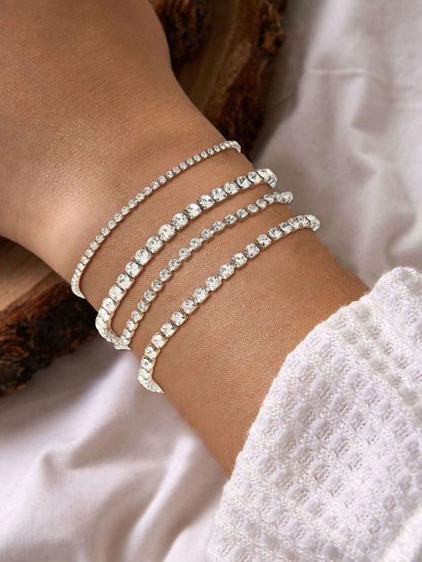 Multicolor  Collar  Stainless Steel   Embellished   Women Fashion Jewelry Tenis Bracelet, Diamond Bracelet Women, Disposable Mascara Wands, Bracelet Set Silver, Shot List, Diamond Tennis Bracelet, Bracelet Women, Birthday List, Jewelry Lookbook