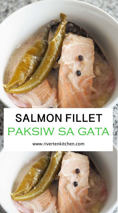 This Paksiw sa Gata recipe is made of tender and moist salmon fillet that is gently simmered in vinegar, spices and coconut milk (or gata in Filipino). It is quick and easy to make and is ready to eat within 20 minutes! Salmon Filipino Recipe, Lechon Paksiw Recipe, Gata Recipe, Moist Salmon, Best Filipino Recipes, Philippines Recipes, Cooking Spinach, Coconut Fish, Pinoy Foods