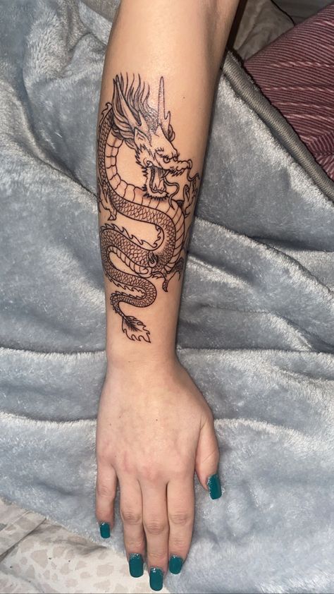 Dragon Tattoo On Forearm, Arm Tattoo Dragon, Dragon Tattoo Placement, Side Forearm Tattoos For Women, Dragon Tattoo Forearm, Dragon Hand Tattoo, Forearm Tattoos For Women, Dragon Tattoo Arm, Left Arm Tattoos