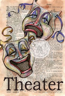 Theatrical Masks, Comedy Tragedy Masks, Theater Masks, Drama Masks, Mixed Media Drawing, Journal D'art, Media Drawing, Theatre Masks, Newspaper Art