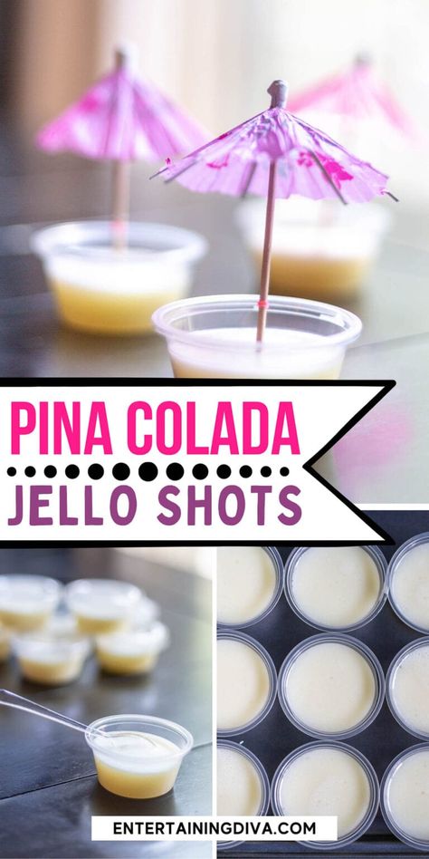 Pina Colada Jello Shots Recipe, White Jello, Pina Colada Jello Shots, Colada Drinks, Jello Shots Recipe, Pineapple Jello, Jello Pudding Shots, Pina Colada Drinks, Rum Tasting