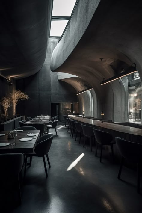 Cafeteria Interior Design, Black White Restaurant, Dark Modern Interior, Dark Restaurant, Concrete Interior Design, Black Restaurant, Bar Restaurant Interior, Modern Restaurant Design, Concrete Effect Paint