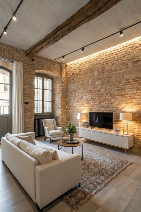 Exposed brick walls create a rustic yet modern feel in any space. They serve as a stunning backdrop for minimalist decor, adding warmth and character without overwhelming the room. Exposed Brick Wall Apartment, Light Brick Wall Living Room, Partial Exposed Brick Wall, White Brick Basement, Modern Brick Interior Design, Exposed Brick Living Room Decor, Brick Interior Wall Living Room, Apartment Brick Wall, Brick Apartment Aesthetic