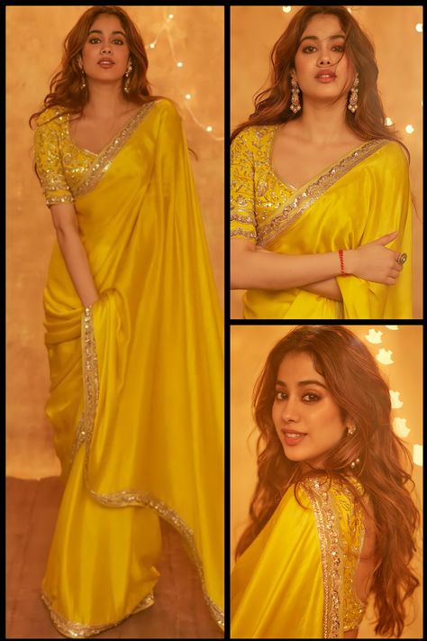 Jahnvi Kapoor Yellow Saree, Haldi Bridal Outfit Saree, Simple Saree Look Indian Weddings, Janhvi Kapoor Yellow Saree, Jhanvi Kapoor Yellow Saree, Jaanvi Kapoor In Saree, Sarees For Diwali, Haldi Sarees For Bride, Simple Sarees For Wedding