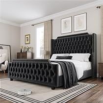 King Size Platform Bed, Velvet Upholstered Bed, Queen Size Platform Bed, Tall Headboard, Wingback Headboard, Pinterest Home, Upholstered Bed Frame, Home Catalogue, Upholstered Bed