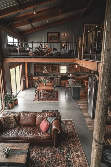 Barndo With Exposed Beams, Living Room And Kitchen Floor Plan, Barndominium With Small Living Space, Barndominium Cathedral Ceiling, Modern Rustic Ranch House Interior Design, Living Room Ideas Barndominium, 40x60 Barndominium Exterior, White Brick Barndominium, Western Farmhouse Interior