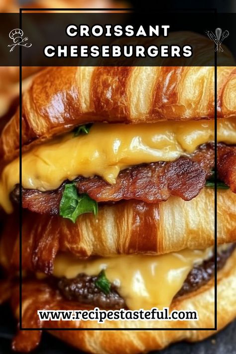 A delicious fusion of buttery croissants and juicy beef patties, these Croissant Cheeseburgers offer a rich, indulgent twist on the classic burger. Perfect for a satisfying lunch or dinner! Croissant Dinner Recipe, Croissant Dinner, Classic Burger, Juicy Burger, Burger Patty, Cheese Crescent Rolls, Cheeseburger Recipe, Beef Patties, Quick Weeknight Meals