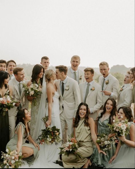 Beige And Sage Groomsmen Suits, Beige Tux With Sage Green, Suits For Green Wedding, Tan Suit Groomsmen Green Bridesmaid, Tan Suit Sage Tie, Tan Suits With Sage Green, Green Wedding Bridesmaids And Groomsmen, Sage Color Bridesmaid Dresses, Bridal Party Photos Sage Green