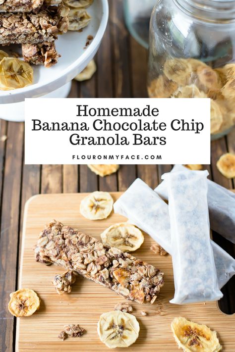 Homemade Banana Chocolate Chip Granola Bars are made from ingredients you can trust. I used homemade banana chips I dehydrated myself but you can use store bought banana chips if that is what you have #healthy #snacks #granolabars #flouronmyface Dehydrator Granola Bars, Banana Dehydrator Recipes, Wrapping Granola Bars, Dried Bananas Dehydrator, Dry Banana Chips, Chocolate Chip Granola Bar Recipe, How To Make Dried Bananas Chips, Homemade Banana Chips, Dehydrated Banana Chips