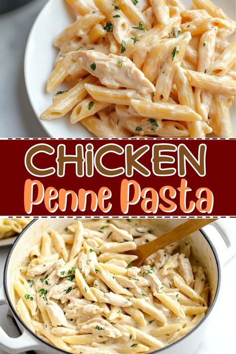 This creamy chicken penne pasta combines tender chicken with pasta in a rich, garlic-Parmesan sauce. It's a restaurant-quality meal ready in just 30 minutes! Creamy Cheesy Chicken Pasta, Chicken With Rotini Pasta, Chicken Rotini Pasta Recipes, Healthy Chicken And Pasta Recipes, Easy Chicken And Pasta Recipes, Pasta Dishes With Chicken, Cowboy Pasta Recipe, Easy Pasta Recipes With Chicken, Chicken And Pasta Recipes Easy