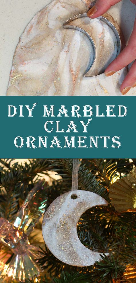 How to Make DIY Marbled Clay Ornaments | DIY Polymer Clay Ornaments in Moon and Star Shapes Clay Ornaments Diy, Polymer Clay Projects Diy, Marble Ornaments, Candy Decorations Diy, Aqua Christmas, Diy Moon, Diy Polymer Clay, Diy Star, Marbled Clay