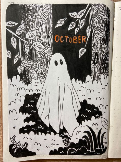 October Sketchbook Ideas, Ghost Bujo Theme, Bujo October Cover, Ghost Bullet Journal, Bujo October Theme, Sheet Ghost Drawing, October Bujo Theme, October Sketchbook, Ghost Line Art