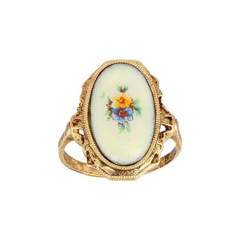 Featuring an enamel center stone with a floral decal, this gold tone ring from 1928 is the perfect way to add a touch of vintage sweetness to any ensemble. Featuring an enamel center stone with a floral decal, this gold tone ring from 1928 is the perfect way to add a touch of vintage sweetness to any ensemble. Size 8 Width: 0.8 Inches Metal: alloy Plating: gold tone Finish: polished Not appropriate for children 14 years old and younger. Color: Multi. Gender: female. Age Group: adult. Funky Rings, 1928 Jewelry, Floral Decal, Enamel Ring, Wedding Watch, Flower Ring, Perfect Ring, Girl Gifts, Vintage Rings