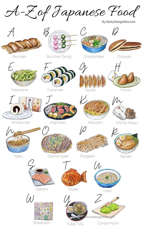 Japanese food is one of the most diverse and delicious in the world. Here is the A-Z list of popular Japanese foods! Japanese Food Names, Japan Street Food, Japanese Food Illustration, Japanese Food Traditional, Japanese Food Bento, Japanese Dinner, Japanese Street Food, Asian Street Food, Japanese Lunch