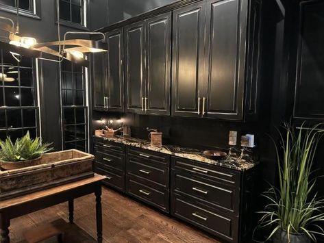 Distressed Black - Kitchen Cabinets Black Distressed Cabinets, Raised Panel Kitchen Cabinets, Panel Kitchen Cabinets, Distressed Cabinets, Raised Panel Cabinets, Black Kitchen Cabinets, White Countertops, Black Kitchen, Black Kitchens