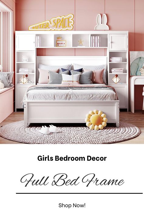 This beautiful all-in-one bedframe with storage drawers and shelves is perfect for any kid's or teen's room! Plenty of storage space. Comes in several sizes and colors to choose from. Click link to shop! #bedroom #furniture #home #homedecor #bedframe #storage #amazon #affiliate Bedframe Storage, Wood Bed Frame With Storage, Full Storage Bed, Bed With Bookcase, Full Bed With Storage, Cabinets And Shelves, Platform Bed With Drawers, Bed For Kids, Solid Wood Bed Frame