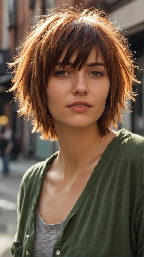 Textured Bob Hairstyles For Fine Hair, Ghost Layers Haircut Short, Short Straight Shaggy Haircuts, Shaggy Womens Haircuts, Shag Bixie With Bangs, Shag Bob Hairstyles, Bixie Shag Haircut, Low Maintenance Hair Styles, Shixie Haircut Girl