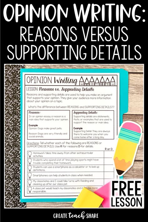 This Opinion Writing activity is a great way to teach students how the difference between reasons and supporting details when writing an essay. Check out this post to download this free lesson that is great for students in upper elementary classrooms. This lesson pairs well with other minilessons from my opinion writing unit for upper grade students in 4th and 5th grade. It can also be paired with any writing prompts or topics. Use this before students complete their graphic organizers. Teaching Opinion Writing, Opinion Writing Activities, 5th Grade Writing, Supporting Details, 3rd Grade Writing, Best Essay Writing Service, 4th Grade Writing, Scholarship Essay, Elementary Writing