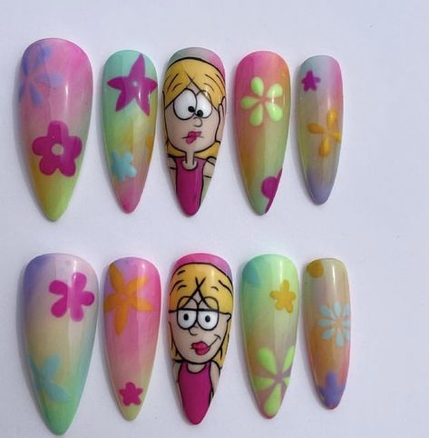 Gang Nails, Cartoon Character Nail Art, Disney Character Nails, Cartoon Character Nails, Nails Practice, The Lizzie Mcguire Movie, Cartoon Nail Designs, Character Nails, Art Deco Nails