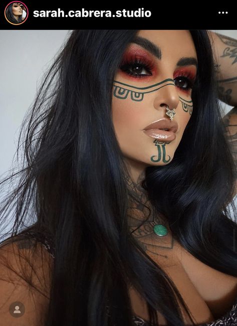 Blacked Out Eyes, Sarah Cabrera, Native American Makeup, Aztec Costume, Dark Celestial, Warrior Makeup, Witchy Makeup, Norse Warrior, Native Beauty