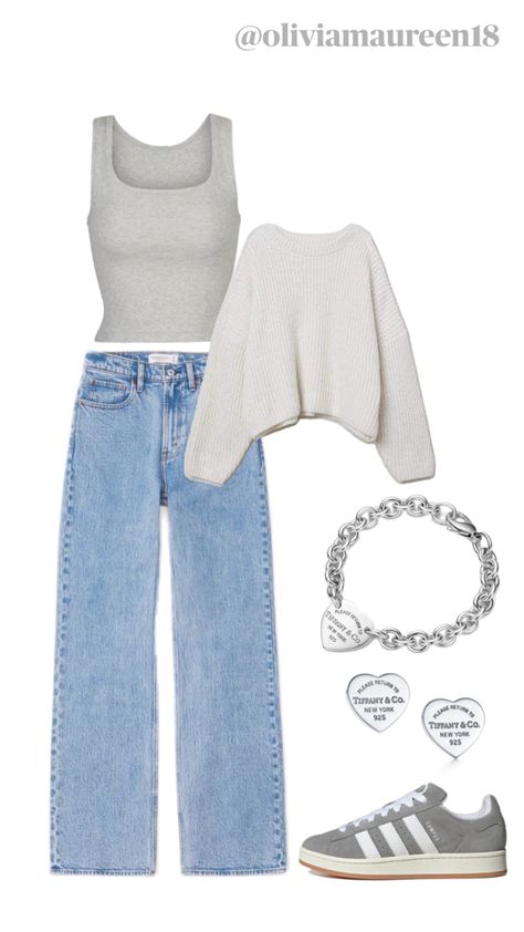 Grey adidas campus outfit, Jean and sweater outfit inspo Adidas Campus Outfit, Grey Jeans Outfit, Outfit Campus, Outfit Jean, Campus Outfit, Simple Outfits For School, Casual Preppy Outfits, Outfit Inspo Casual, Sweater Outfit