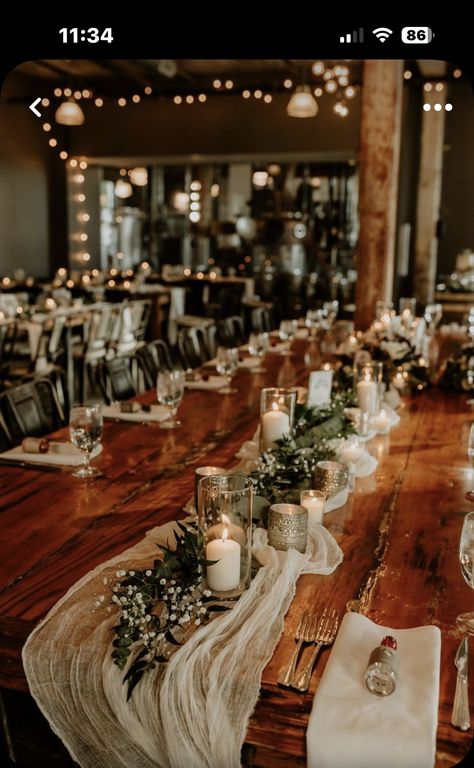 Wedding Theme Ideas Country, Minimalist Centerpiece Wedding Long Table, Wedding Candle Centerpieces Long Table, Gauze Runner Wedding, Eucalyptus Wedding Tables, Wedding Greenery And Candles, Wedding Lots Of Greenery, Beige Wedding Theme Table Settings, Long Tables Wedding Reception Simple