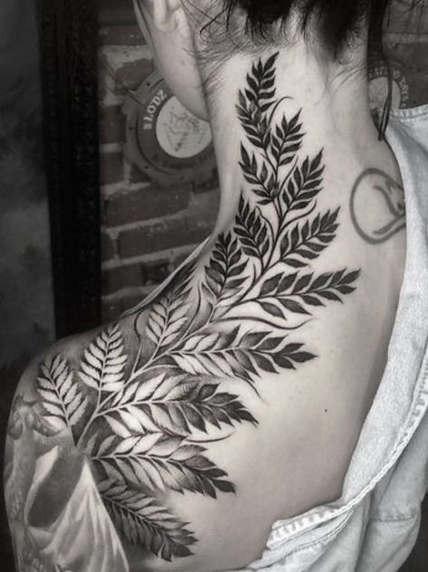 Tree Throat Tattoo, Fern Leaf Tattoo Shoulder, Fern Tattoo On Back, Woman’s Hip Tattoo, Back Of Neck And Shoulder Tattoo, Blackwork Plant Tattoo, Fern Neck Tattoo, Fern Sleeve Tattoo, Fern Tattoo Back