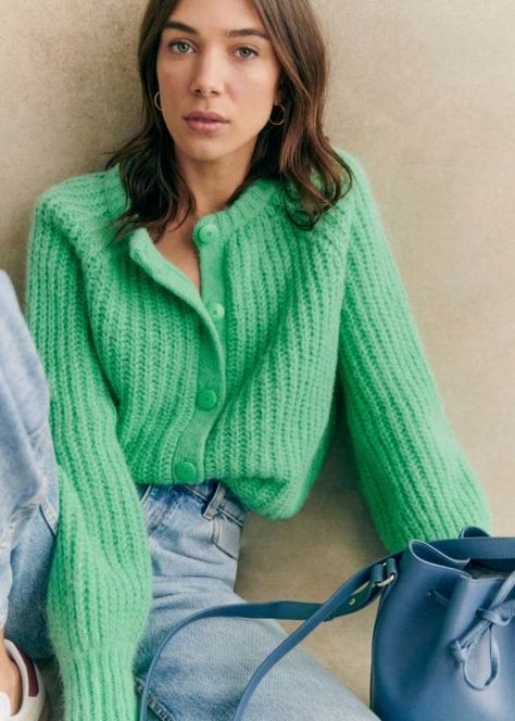 Emile Cardigan - Cobalt Blue - Alpaca - Sézane Crew Neck Cardigan, Solid Color Sweater, Chunky Knit Cardigan, Bright Green, Parisian Style, Womens Fashion Casual, Chunky Knit, Knit Cardigan, Alpaca