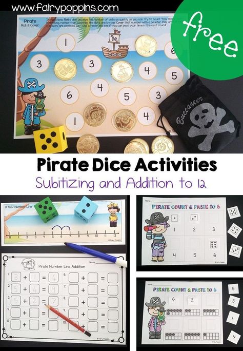 These free pirate activities are great for kids in preschool and kindergarten There is a roll and cover game to identify numbers, a number line addition activity and subitizing activities. #pirateactivities #numberactivities #subitizingactivities Pirate And Mermaid Theme Preschool, Pirate Activities Preschool, Dice Activities, Fairy Poppins, Pirate Maths, Pirate Preschool, Pirate Unit, Pirate Week, Pirates And Mermaids