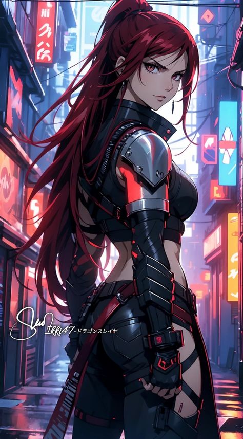 Character Tail Design, Fairy Tail Erza Scarlet Fanart, Cyberpunk Samurai Character Art, Warrior Female Art, Erza Scarlet Wallpapers, Dnd Female Character Concept, Erza Scarlet Fanart, Fairy Tail Fanart, Erza Fairy Tail