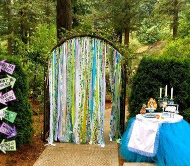 Lime Green Curtains, Garden Party Games, Ribbon Curtain, Garland Ribbon, Woodland Fairy Party, Diy Woodland, Fairy Garden Birthday Party, Creative Party Ideas, Fairy Garden Party