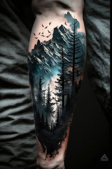 Individual Tattoo, Forest Tattoo Sleeve, Natur Tattoo Arm, Wilderness Tattoo, Forearm Cover Up Tattoos, Rabe Tattoo, Mountains Tattoo, Quarter Sleeve Tattoos, Nature Tattoo Sleeve