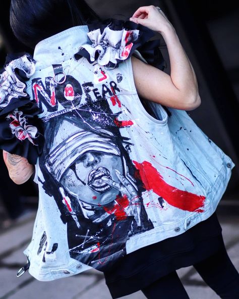 Ashara777 Denim Jacket Art on Denim Handmade fabric paint painted denim Denim Jacket Art, Art On Denim, Jacket Art, Trash Polka, Painted Denim, Jacket Vest, Handmade Fabric, Fabric Paint, Alexander Mcqueen Scarf