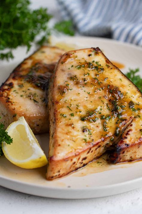 Make these Air Fryer Swordfish Steaks for an easy and delicious weeknight dinner. Our quick swordfish marinade adds so much flavor, and the air fryer cooks this fish to perfection, in under 15 minutes! Air Fryer Swordfish, Swordfish Marinade, Swordfish Steak Recipe, Turkey Lentil Soup, Baked Swordfish, High Protein Dinners, Protein Dinners, Air Fried Fish, Air Fried Recipes