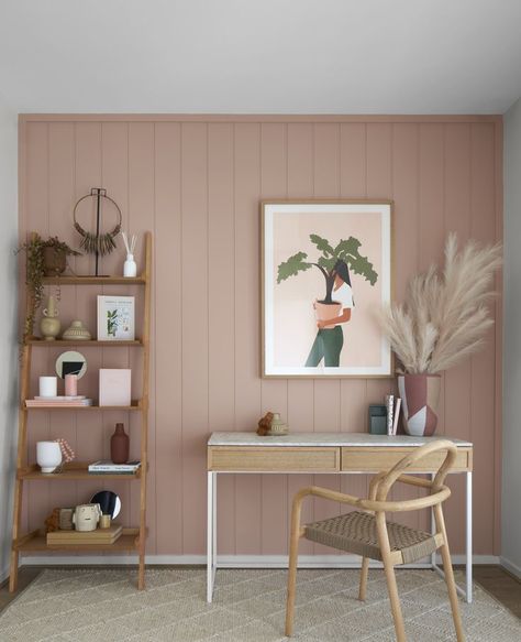 Study featuring pink wall panelling. Onyx 22 Display Home - Mt. Atkinson, Truganina. Panelling Office, Pink Wall Panelling, Pink Panelling, Pink Office, Wall Panelling, Melbourne Victoria, Pink Wall, Salon Decor, Study Office