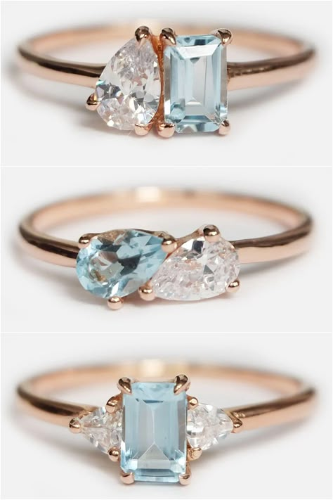 Blue Sapphire And Aquamarine Ring, Toi Et Moi Ring Aquamarine, Two Stone Ring Design, Engagement Rings Asymmetrical, Bezel Toi Et Moi Ring, Megan Fox Engagement Ring, Dream Engagement Rings Unique, Two Stone Engagement Ring Unique, Asymmetrical Engagement Ring