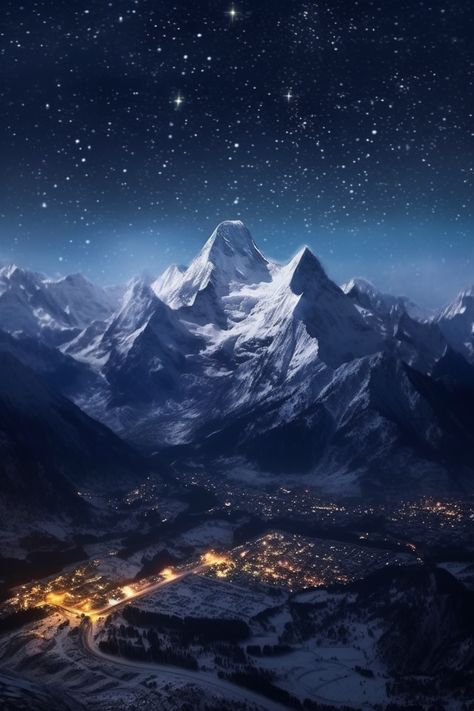 Immerse yourself in the beauty of a winter night with this mesmerizing print art. The dark sky, adorned with countless stars, sets a breathtaking stage for the majestic mountains. In the foreground, a city twinkles like diamonds on black velvet, casting an enchanting glow. #GiveMeMood #snow #landscape #nature #stars #mountainrange #sky #outdoor #night #winter #skiing #dark #majestic #cityilluminated #darkness #aweinspiringbackdrop #decor #pastel #bathessentials Mountains At Night, Mountain Trekking, Arte Aesthetic, Snow Night, Mountain Aesthetic, Snow Landscape, Winter Skiing, Night Sky Painting, Mountain City