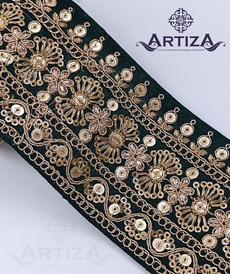 "Elevate your creations with Artiza's exquisite embroidery design laces. Each thread weaves a story of intricate beauty and craftsmanship. Enhance your projects with our unique lace designs, adding a touch of elegance to your creations. Explore endless possibilities with Artiza. DM us to get a look😊 WhatsApp me on - 9619420351 We ship Worldwide. Embroidery Lace Design, Dori Embroidery, Saree Embroidery Design, India Dress, Lace Designs, Border Embroidery Designs, Border Embroidery, Saree Border, Velvet Collection